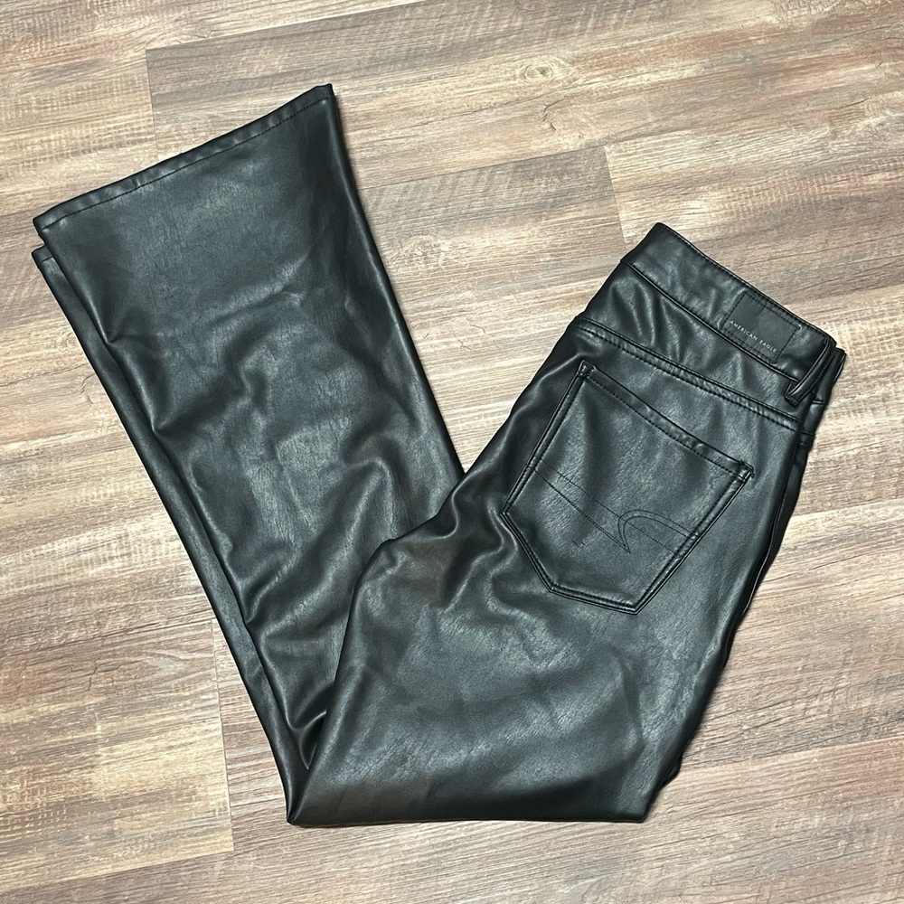 American Eagle Super Hi-Rise Flare Faux Leather Jeans Size 10R